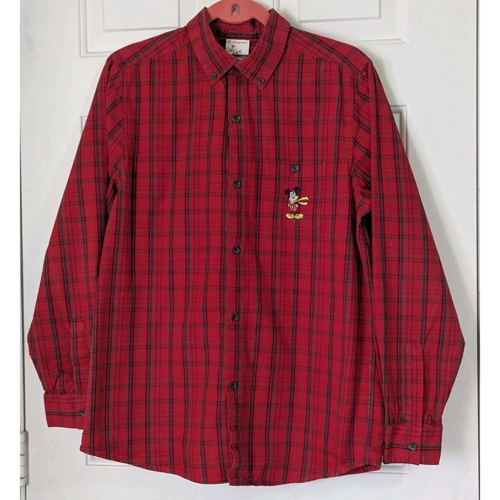 DISNEY Mickey Mouse Button L/S Shirt Mens Small Red Plaid Embroidered Classic